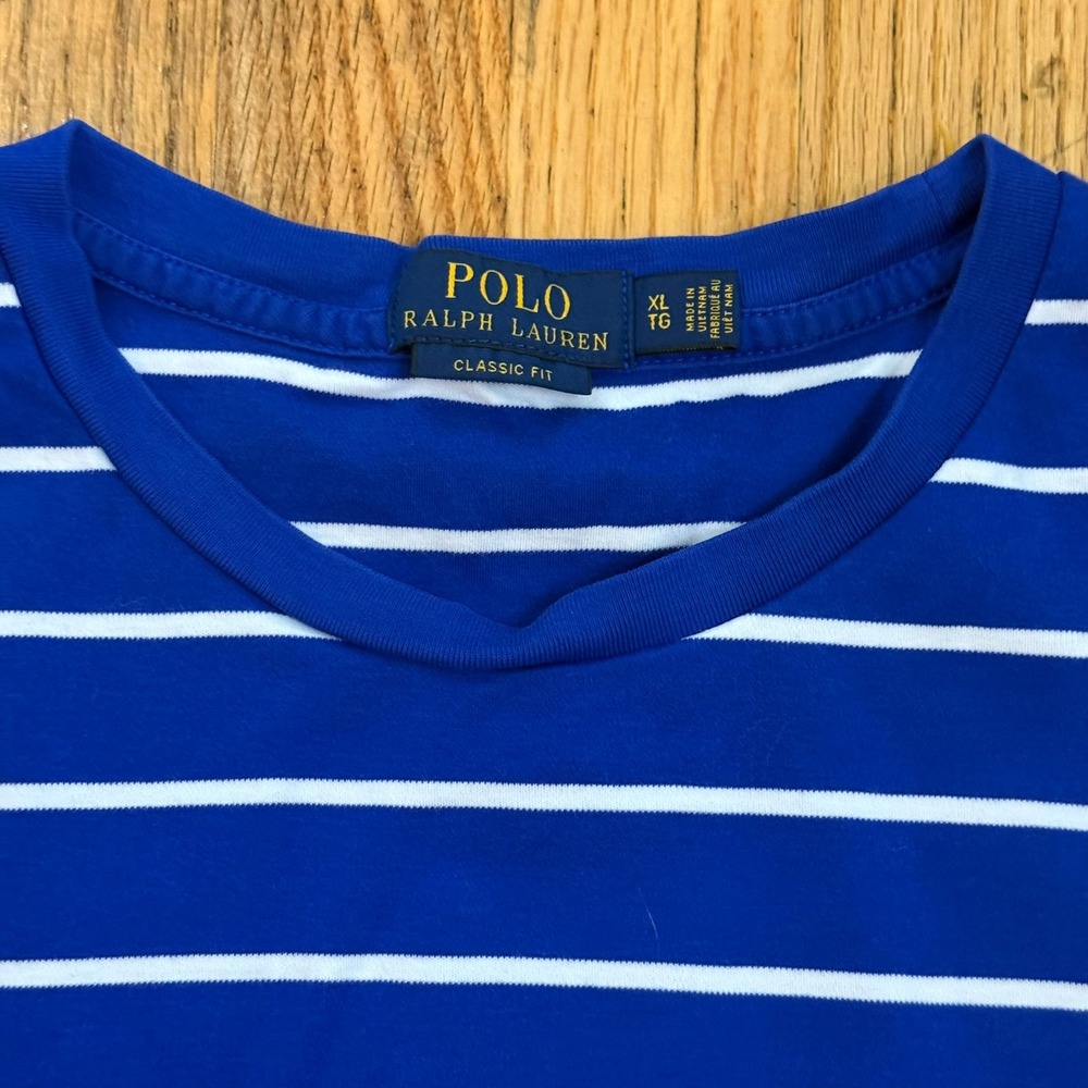 Polo Ralph Lauren Shirt Mens XL Blue White Striped Crew Neck Short Sleeve Tee - Picture 4 of 12